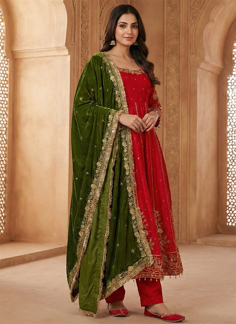Red Fendy Satin Zari Sequins Anarkali Suit Festive Wear
