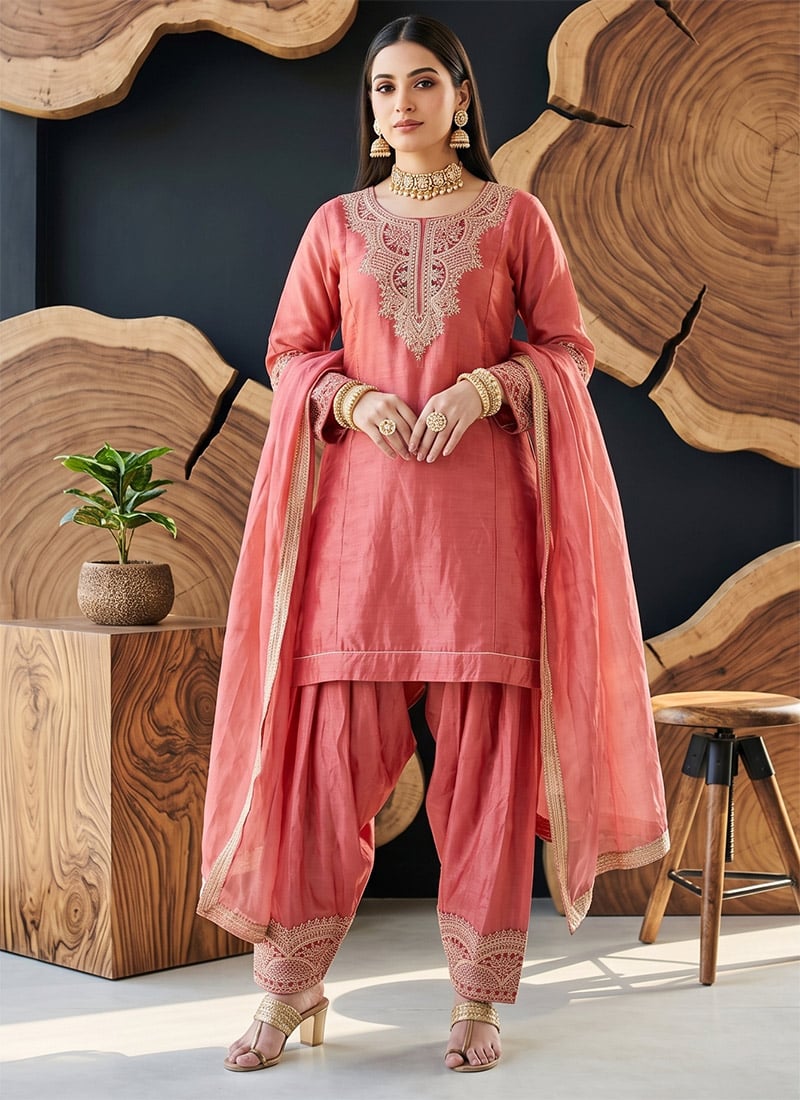 Red Fendy Silk Embroidered Palazzo Suit Festive Wear