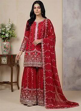 Red Fendy Silk Embroidered Sequins Sharara Suit