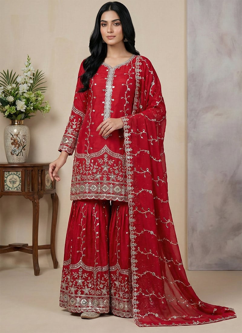 Red Fendy Silk Embroidered Sequins Sharara Suit Festive Wear