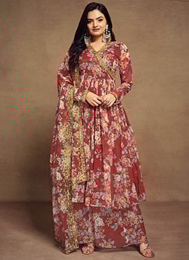 Red Floral Print Embroidered Angarkha Style Palazzo Suit With Dupatta