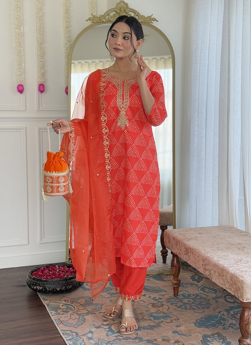 Red French Crepe Embroidered Sequins And Printed Straight Pant Suit After Six Wear