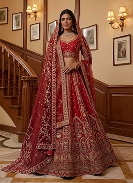 Red Gadhwal Silk Hand Embroidered Sequence Embroidery Lehenga