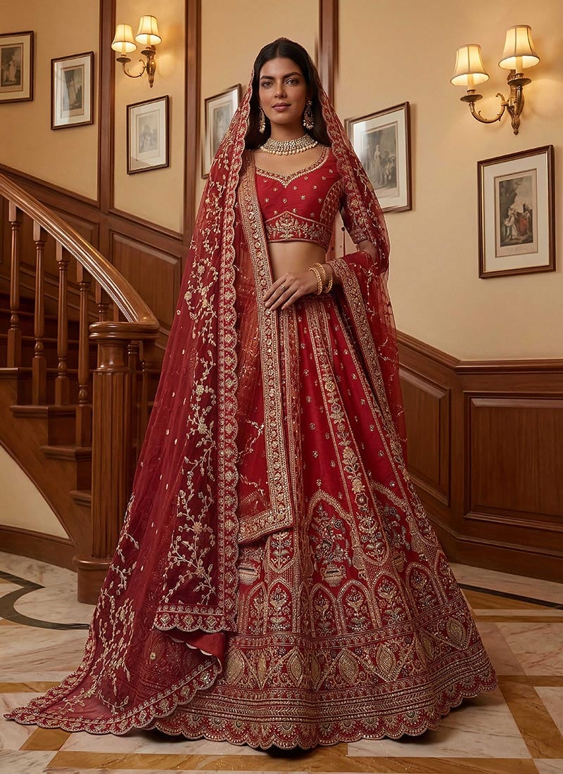 Red Gadhwal Silk Hand Embroidered Sequence Embroidery Lehenga Wedding Wear