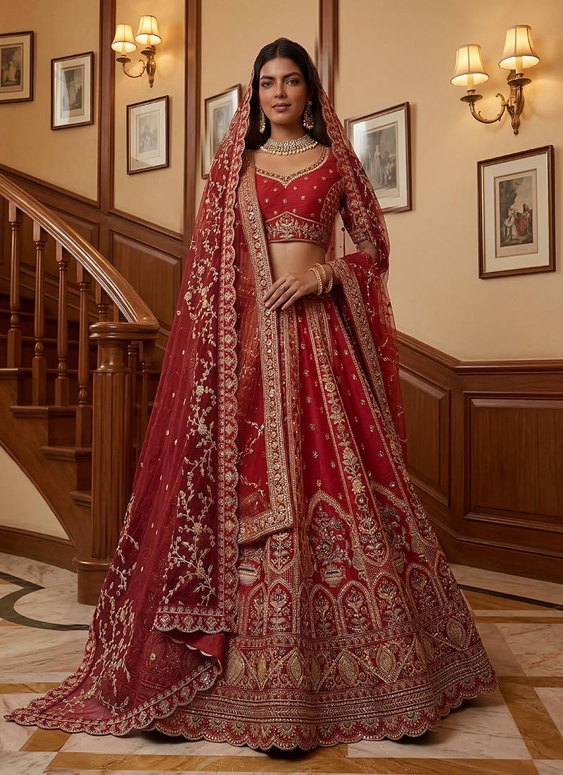 Red Gadhwal Silk Hand Embroidered Sequins Lehenga Wedding Wear