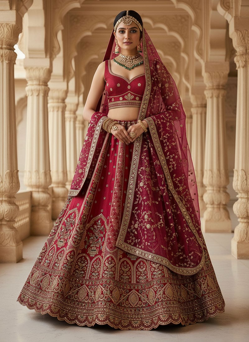 Red Gadhwal Silk Zari Embroidered Sequins Stunning Lehenga Wedding Wear