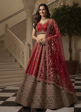 Red Gadhwal Silk Zari Embroidered Sequins Umbrella Lehenga
