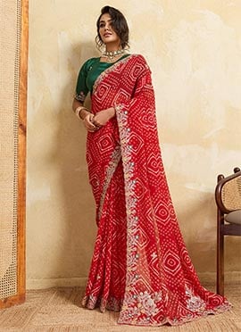 Red Georgette Bandhej Print Embroidered Saree