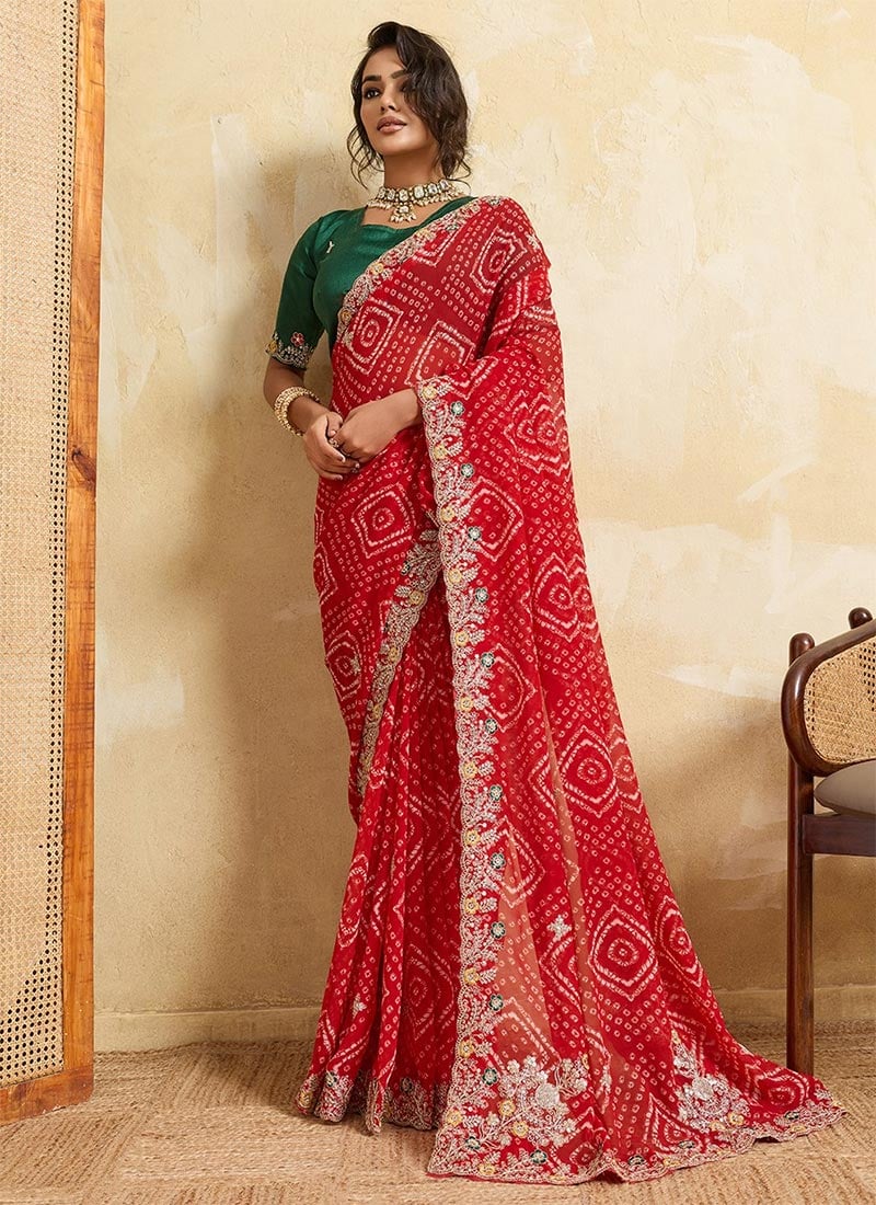 Red Georgette Bandhej Print Embroidered Saree Festive Wear