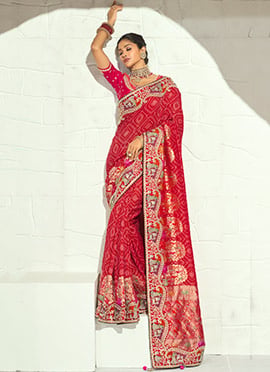 Red Georgette Bandhej Print Moti Cutdana Hand Embroidered Saree