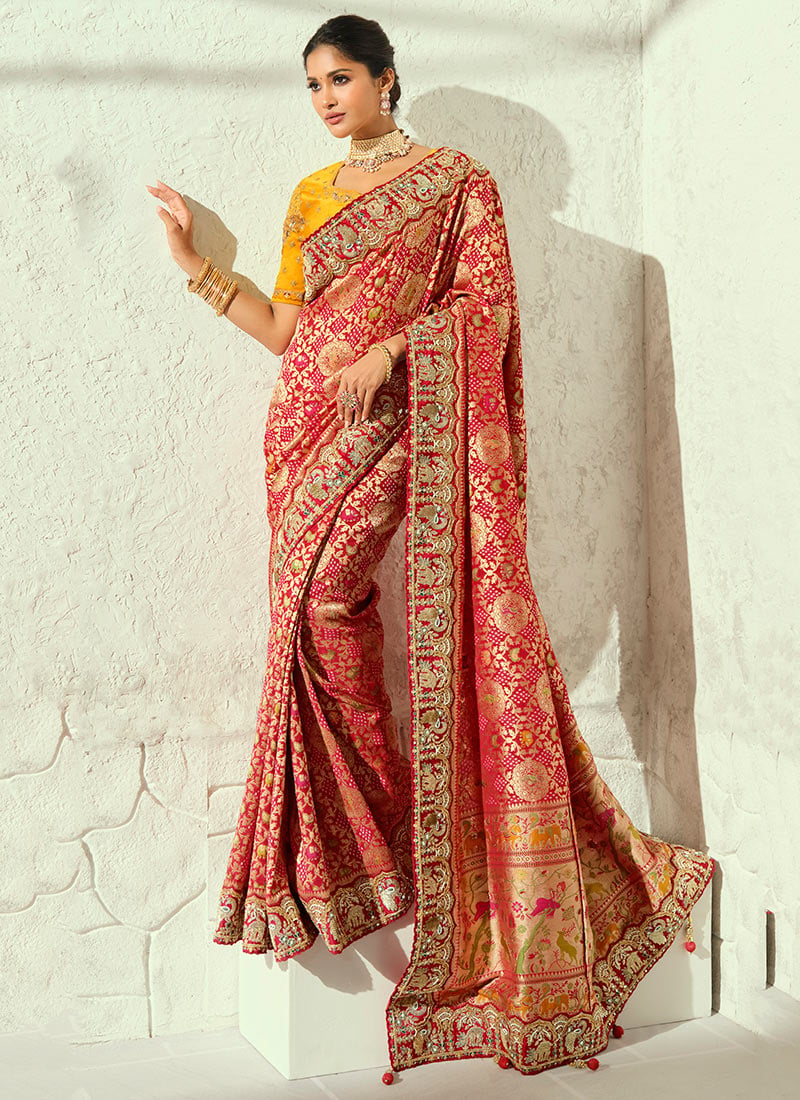 Red Georgette Bandhej Print Moti Cutdana Hand Embroidered Saree Festive Wear
