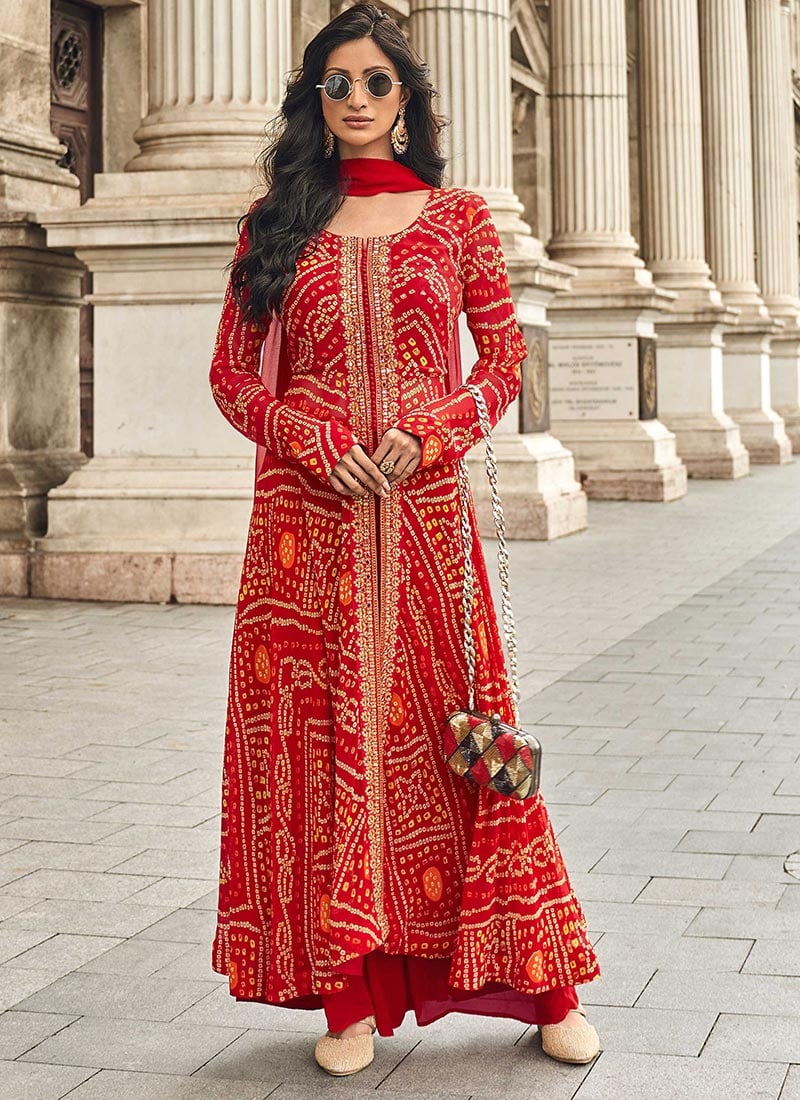 Red Georgette Bandhini Print Hand Work Embroidered High Slit Palazzo Suit