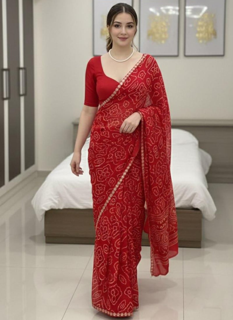Red Georgette Bandhini Saree After Six Wear