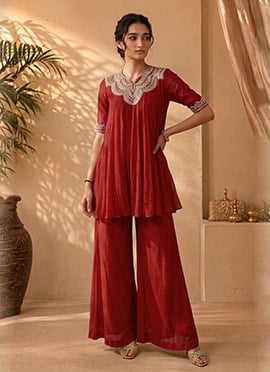 Red Georgette Beads Cutdana Hand Embroidery Kurta Palazzo Set