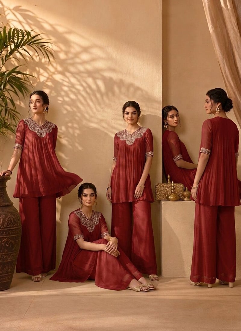 Red Georgette Beads Cutdana Hand Embroidery Kurta Palazzo Set After Six Wear