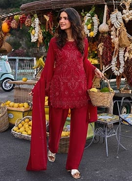 Red Georgette Beads Embroidered Palazzo Suit