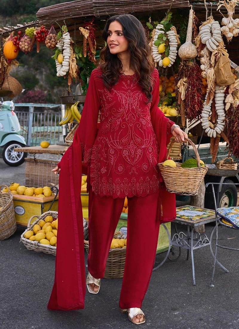 Red Georgette Beads Embroidered Palazzo Suit After Six Wear