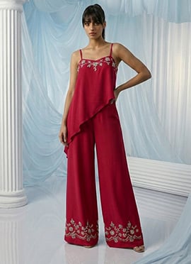 Red Georgette Beads Zari Hand Embroidered Indowestern Asymmetric Palazzo Set