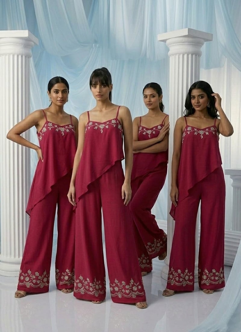Red Georgette Beads Zari Hand Embroidered Indowestern Asymmetric Palazzo Set Wedding Wear