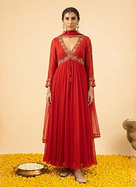 Red Georgette Cutdana Sequins Hand Embroidered Anarkali Suit