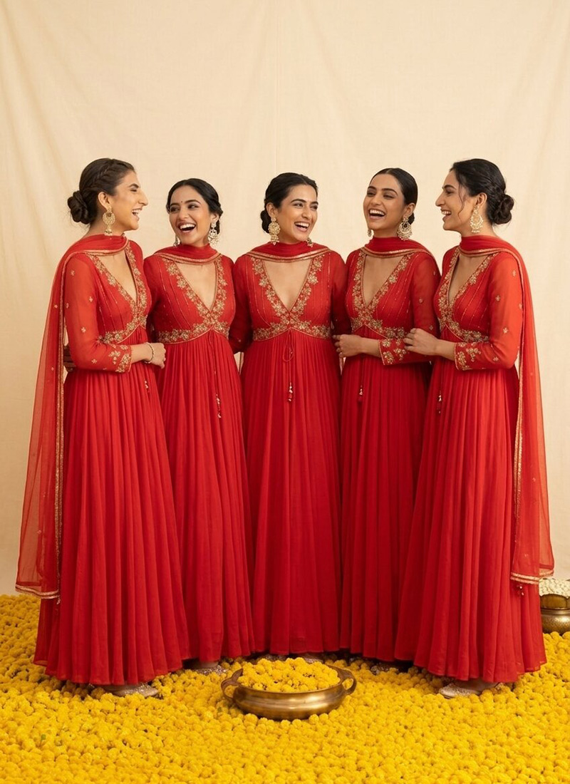 Red Georgette Cutdana Sequins Hand Embroidered Anarkali Suit Festive Wear