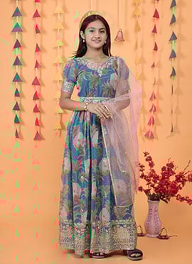 Kids Girls Sky Blue Georgette Digital Print Embroidered Sequins Kids Girls Anarkali Suit