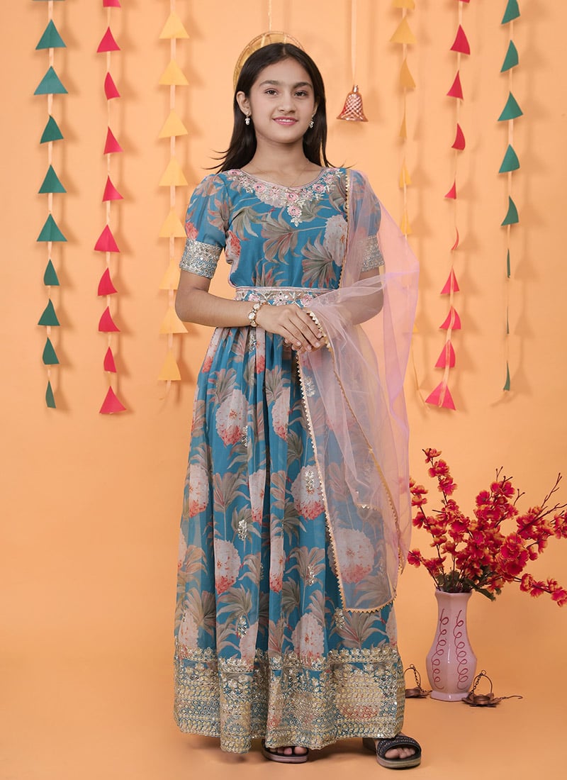 Kids Girls Sky Blue Georgette Digital Print Embroidered Sequins Kids Girls Anarkali Suit Festive Wear
