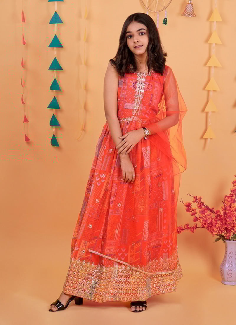 Red Georgette Digital Print Embroidered Sequins Kids Girls Anarkali Suit Festive Wear