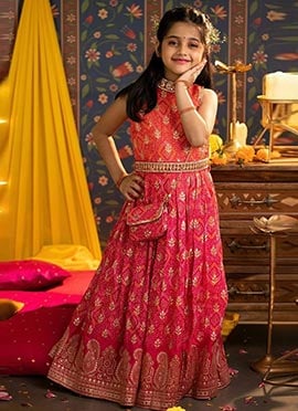 Red Georgette Digital Print Embroidered Sequins Kids Girls Anarkali Suit