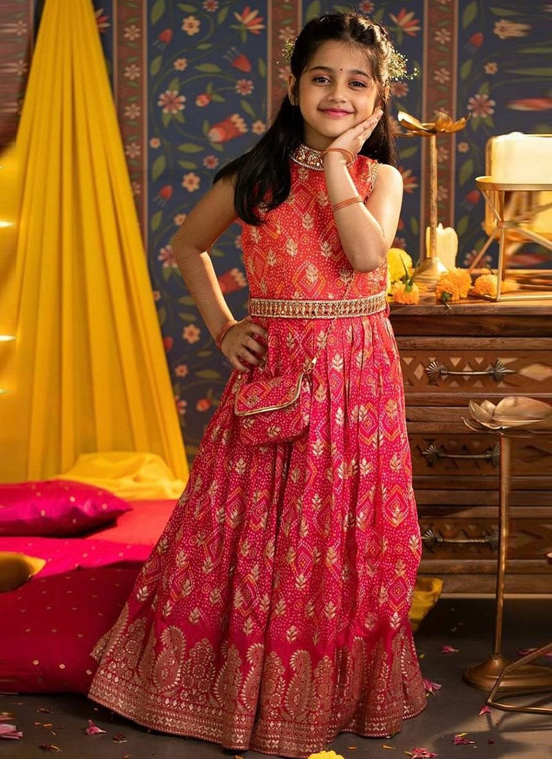 Red Georgette Digital Print Embroidered Sequins Kids Girls Anarkali Suit Festive Wear