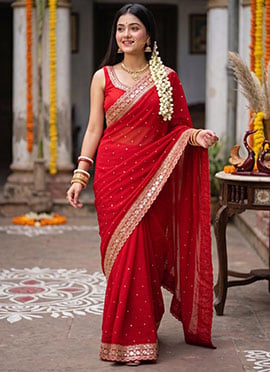 Red Georgette Dori Sequins Embroidered Saree