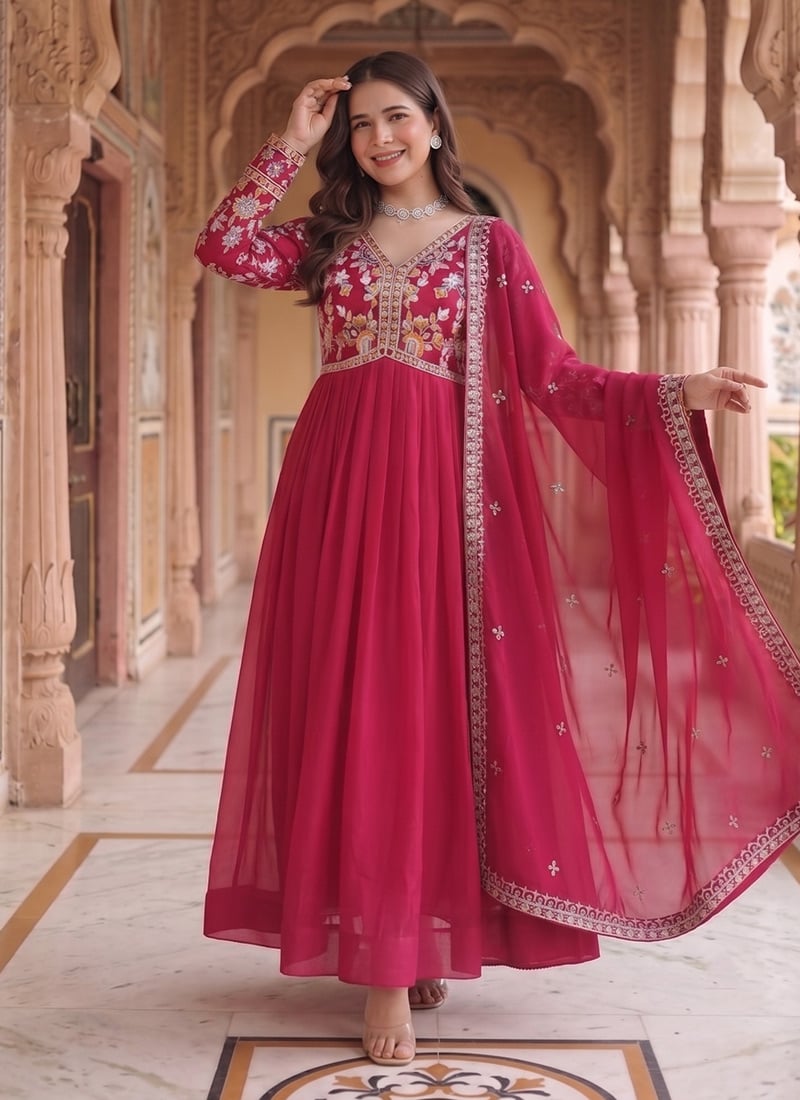 Red Georgette Embroidered Anarkali Suit After Six Wear