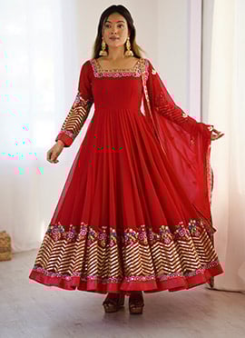Red Georgette Embroidered Anarkali Suit