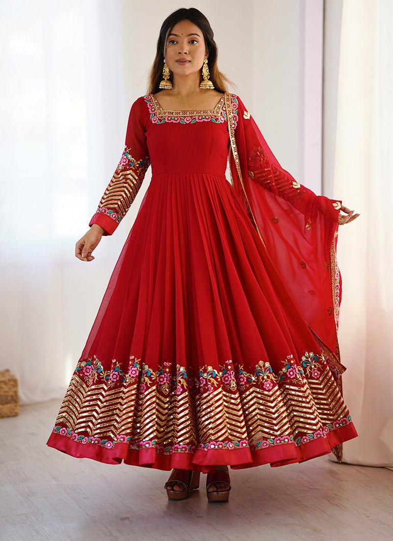 Red Georgette Embroidered Anarkali Suit Festive Wear