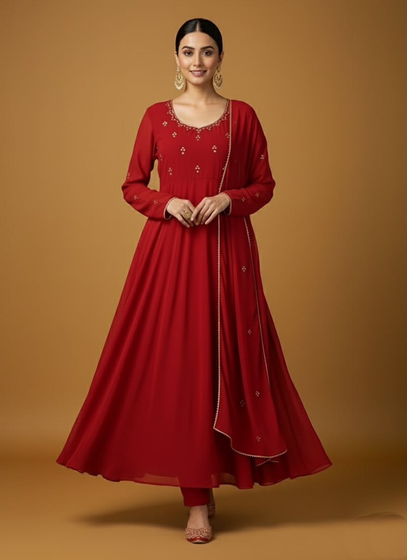 Red Georgette Embroidered Anarkali Suit Festive Wear