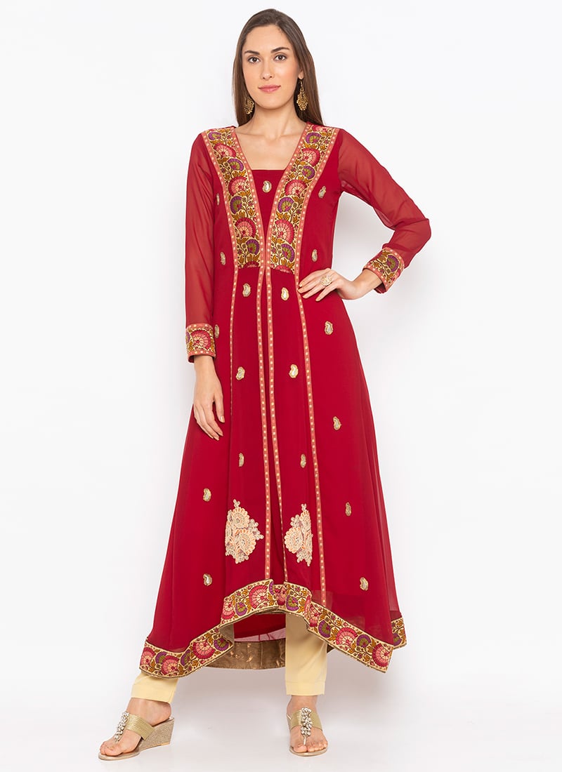 Red Georgette Embroidered Kurta Straight Pant Set Party Wear