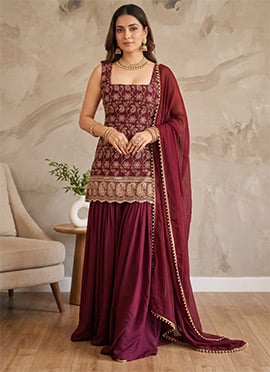 Red Georgette Embroidered Palazzo Suit