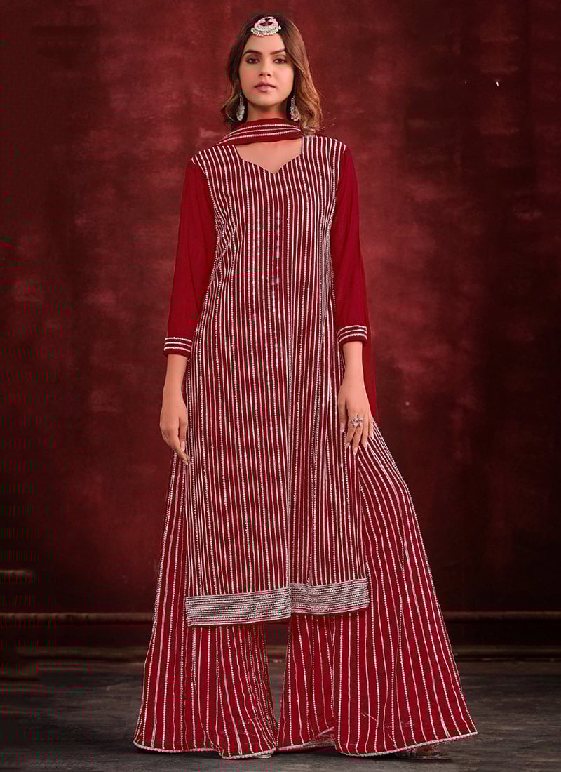Red Georgette Embroidered Palazzo Suits For Elegant Wear Festive Wear