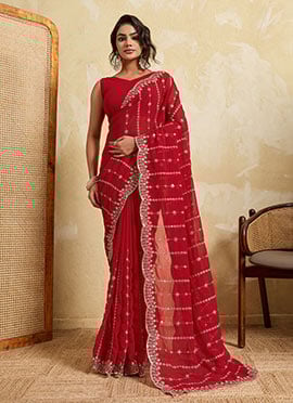 Red Georgette Embroidered Saree