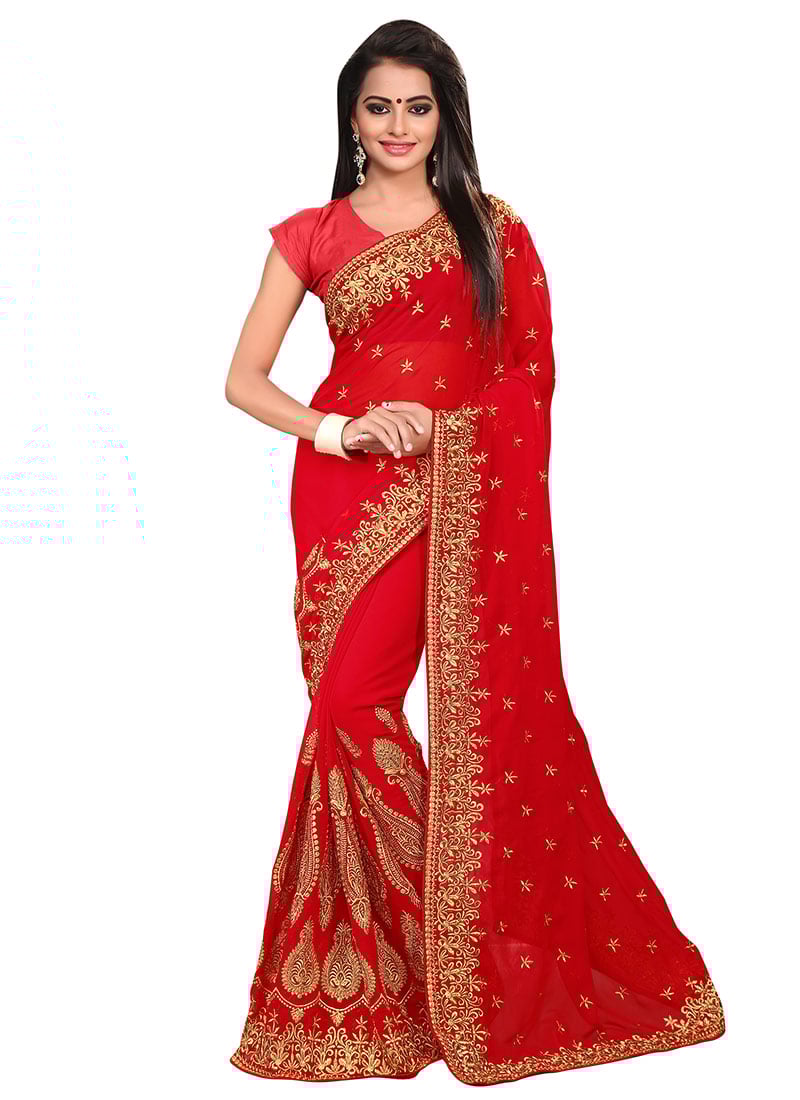 Red Georgette Embroidered Saree Party Wear