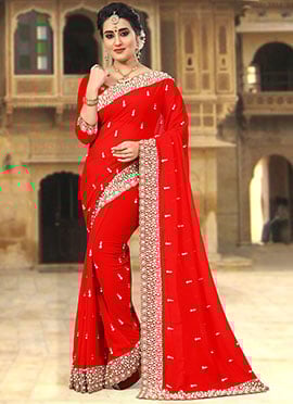 Red Georgette Embroidered Saree