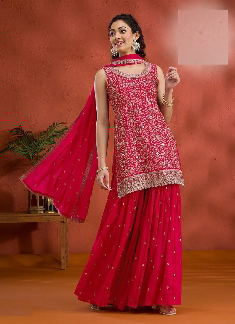 Red Georgette Embroidered Sequin Palazzo Set Festive Wear