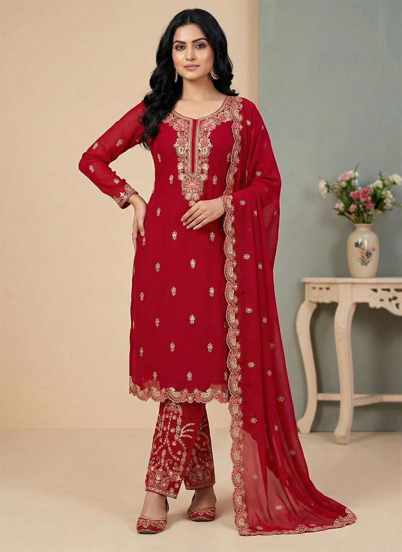 Red Georgette Embroidered Sequin Straight Pant Suit Festive Wear