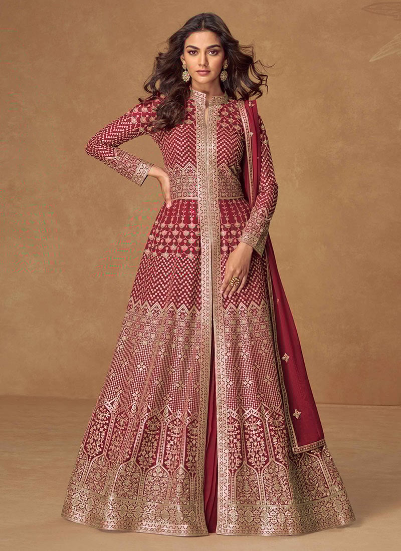Red Georgette Embroidered Sequins Anarkali Lehenga Wedding Wear