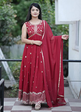 Red Georgette Embroidered Sequins Anarkali Suit