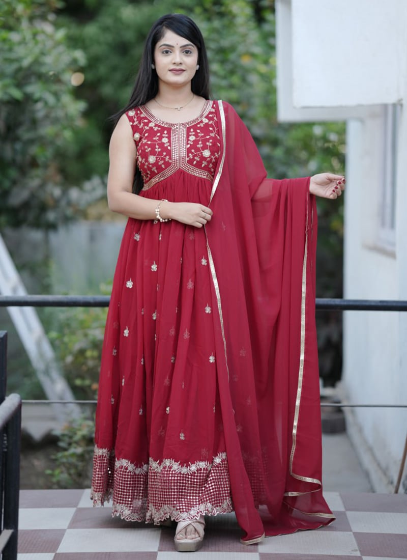 Red Georgette Embroidered Sequins Anarkali Suit Festive Wear