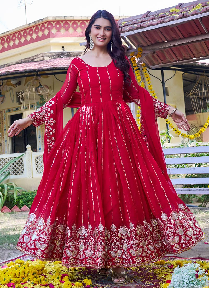 Red Georgette Embroidered Sequins Anarkali Suit Festive Wear
