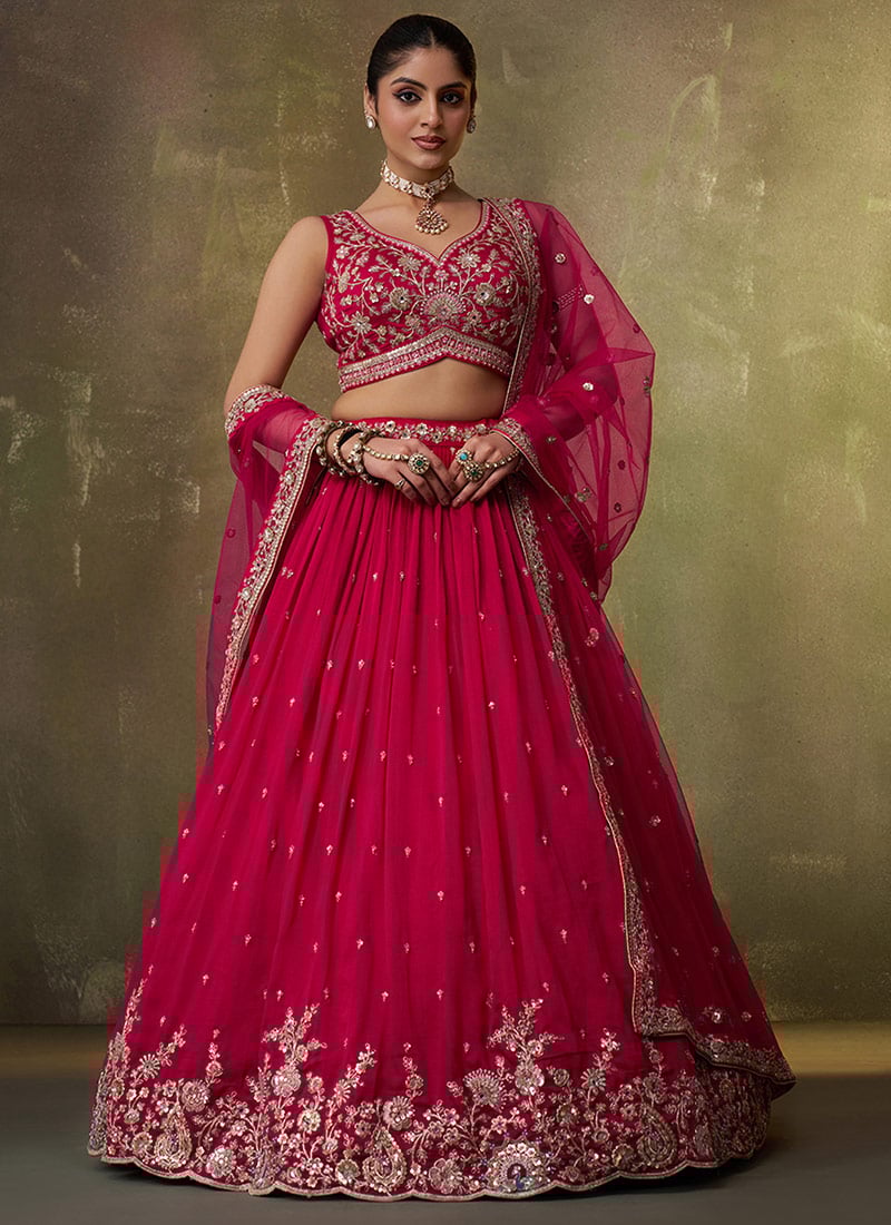 Red Georgette Embroidered Sequins And Beads Work Lehenga Wedding Wear