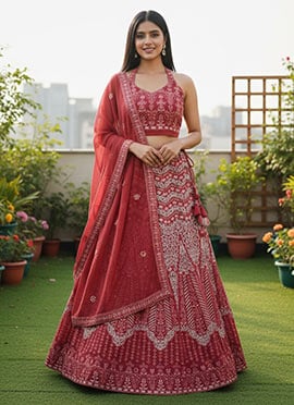 Red Georgette Embroidered Sequins Lehenga