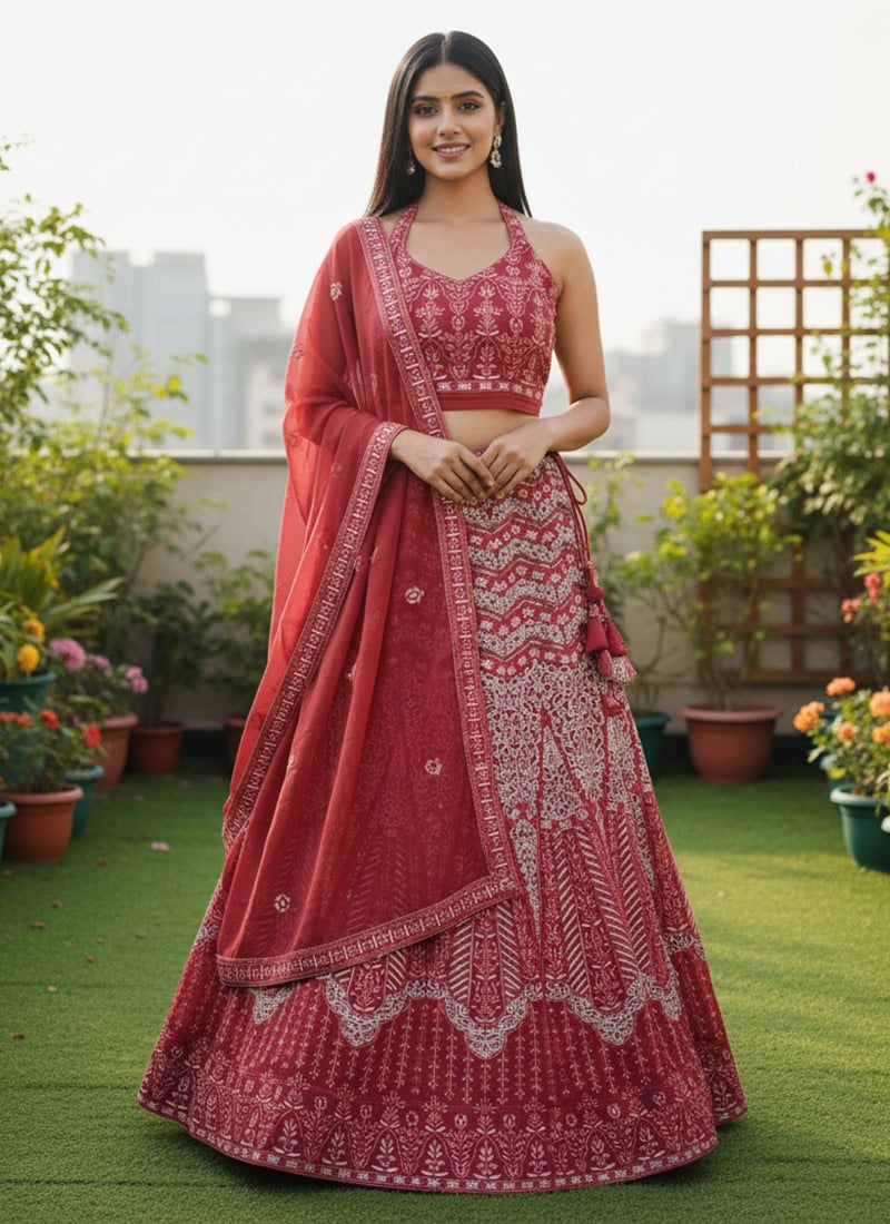Red Georgette Embroidered Sequins Lehenga Wedding Wear